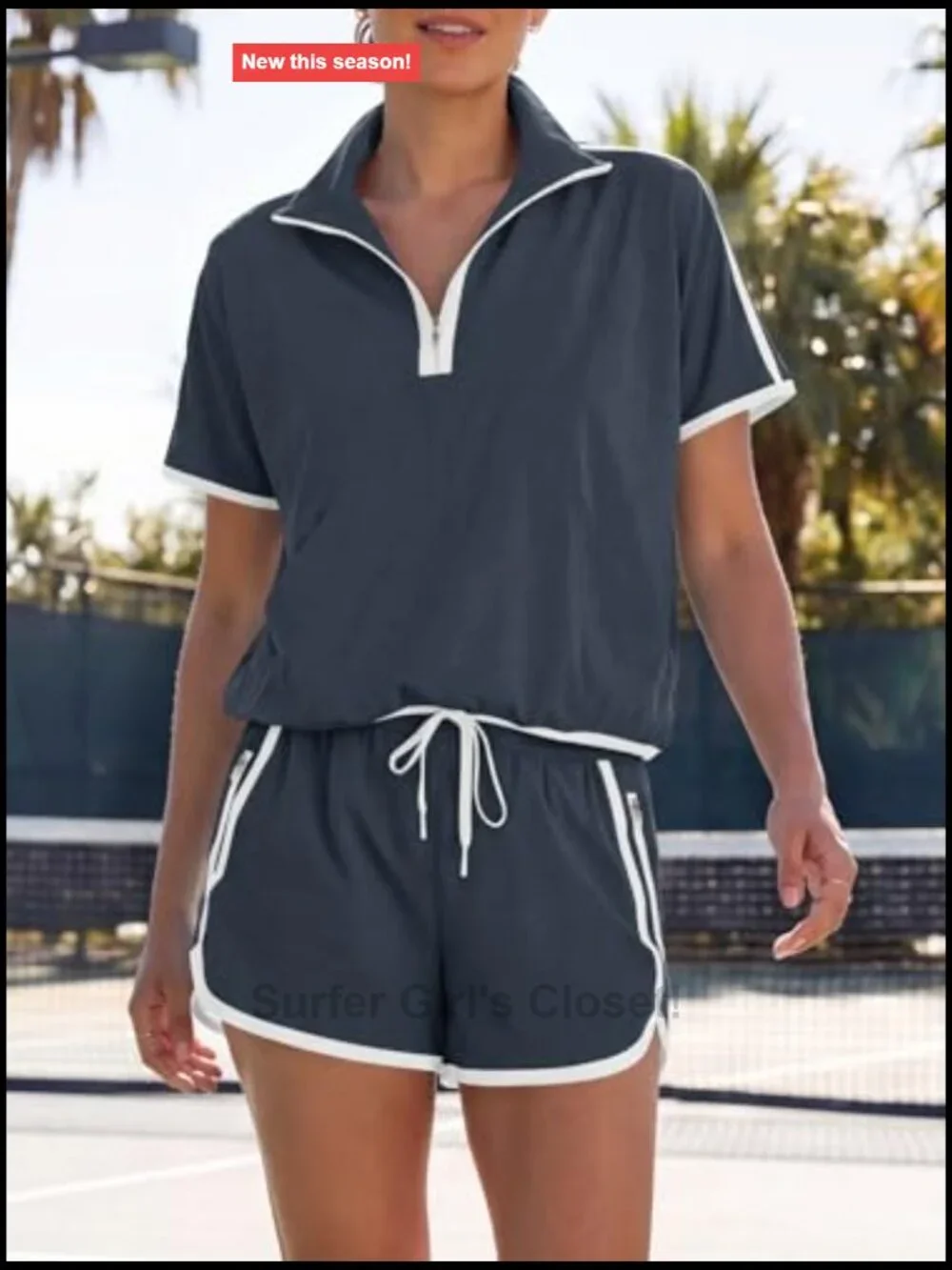 Half Zip V Neck 2 Piece Set Short Sleeve Pullover Top And Shorts
